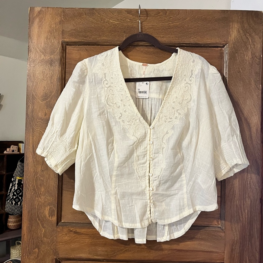 Anthropologie Cream Embroidered Blouse